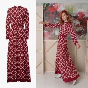 De Castro Rhombus Dress Red Ikat Print Maxi Cotton Artisan Medium EUC